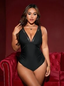 SHEIN Swim Curve 大码女式 1 件套 V 领网眼腰带褶皱休闲连体泳衣夏季 - 黑色 - 查看 1
