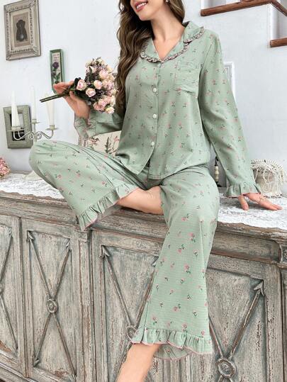CottageSlumber Ditsy Floral Bubble Ruffle Collar Button-Front Long Sleeve Top & Pants Pajama Set Holiday Season, Bountiful Floral Splendor, Fall Winter Clothes Cozy And Elegant Details