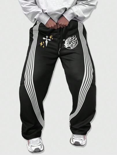 Prep Men's Casual Drawstring Waist Contrast Color Striped Sweatpants