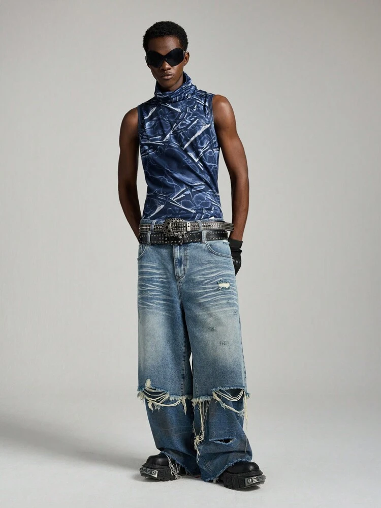 Men's All-Over Print Fashionable Turtleneck Knit Top