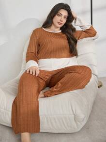 Lazeform Contrast Color Block Rib Knit Loose Long Sleeve Pajama Set, Plus Size