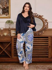 Vintage Print Knitted Lace Patchwork Long Sleeve Plus Size Pajamas Set