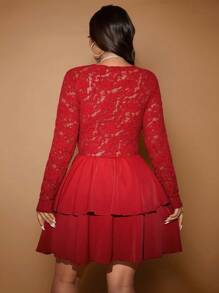 Allurite Plus Size 1pc Solid Color Lace Patchwork Double Layer Ruffle Hem Waist Fitted Dress Burgundy Color Women Outfit Fall Cloth For Women - Burgundy - View 2