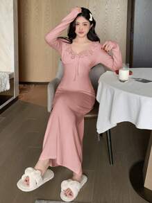 DAZY Ruffled Collar Fitted Casual Dress For Home Wear Fall,Winter Pajama - Pink - View 3