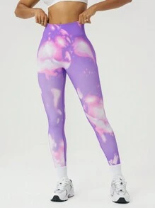 SHEIN Women's Everyday Fitness Sports Tie-Dye Seamless Thermal Leggings, Thick - Purple - View 2