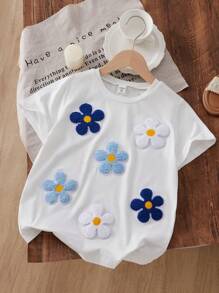 SHEIN Vintaside Kids Áo thun họa tiết hoa cho bé gái tuổi teen, màu trơn tối giản giản dị, mặc hàng ngày - trắng - Xem 1