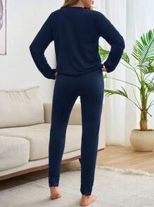 SHEIN Cottnline 2pcs Cotton V Neck Lace Detail Homewear Set - Navy Blue - View 2