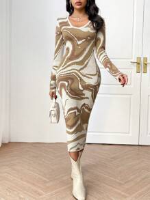Modelyn Women Marble Pattern Round Neck Long Sleeve Bodycon Sweater Dress, For Autumn/Winter