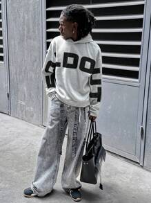 Manfinity RebelGame Men's Loose Fit Letter Print Drop Shoulder Hooded Sweatshirt - Light Grey - View 3