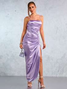 SHEIN SXY Nouvelle robe de soirée élégante et décontractée, sexy pour boîte de nuit, en satin lilas violet, avec encolure ras-du-cou, grand dos nu, fente longue et plis, pour la saison des mariages et des fêtes du Nouvel An - Lilas - Voir 5