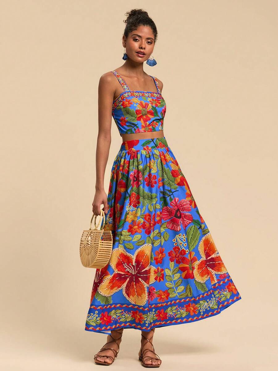 Travachic 2pcs/Set Printed Camisole & Printed Mini Skirt, Minimalist Fashion Casual Everyday Outfit - Blue - View 1