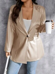 SHEIN Privé 大码女式休闲舒适修身人造皮革长袖夹克，带领子和纽扣，日常穿着