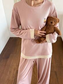 DAZY 休闲熊图案拼接宽松家居服套装秋冬睡衣 - 粉色 - 查看 5