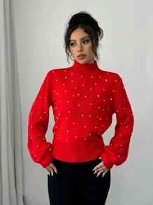 SHEIN Unity 女士时尚珍珠串珠高领落肩宽松针织套头毛衣，新年秋冬款 - 紅色 - 查看 5