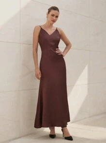 RueChic Vestido maxi de satén con cuello en V para mujer, elegante para fiesta de noche