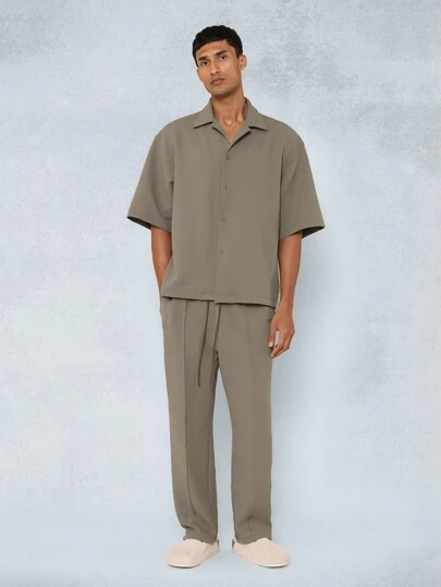 SUMWON 纹理立领短袖衬衫和慢跑套装家居服休闲两件套灯芯绒套装休闲街头风格都市时尚舒适套装