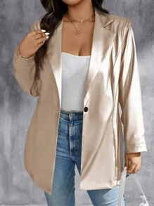 SHEIN Privé 大码女式休闲舒适修身人造皮革长袖夹克，带领子和纽扣，日常穿着