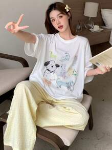 DAZY 可爱卡通动物印花上衣和格子宽松睡裤睡衣套装，返校服 - 白色 - 查看 3