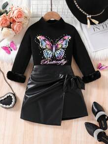 SHEIN 2 件年轻女孩通勤休闲时尚蝴蝶印花上衣 + 皮裙套装，秋冬新款长袖 T 恤，蓬松袖口，个性蝴蝶结系带皮裙，韩版，温暖，时尚，适合各种场合 - 黑色 - 查看 6
