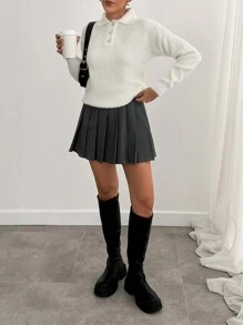 EURMUSE Women Solid Color Hairy Yarn Button Collar Neck Pullover - White - View 3