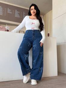 SHEIN EZwear Jeans holgados de tallas grandes para mujer con decoración de moño y bolsillos