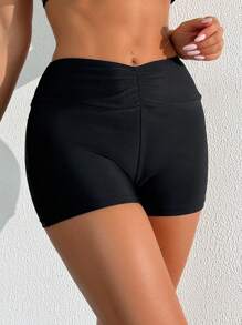 Women's Solid Color Ruched Waist Shiny Boyshort Swim Bottom - Black - View 3