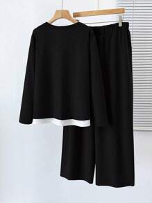 SHEIN LUNE Plus Size Women Autumn Long Sleeve Contrast Color Top & Wide Leg Pants Casual 2Pcs Sets Fall Cloth For Women