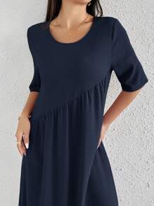 Mulvari Gaun Kasual Minimalis Warna Polos untuk Wanita, Pakaian Sehari-hari - Navy Blue - View 2