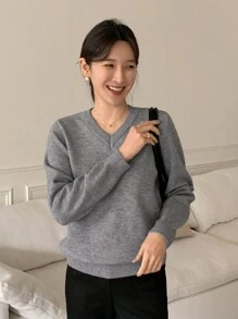 DAZY Suéter holgado de unicolor con cuello en V para mujer, tops de manga larga para otoño - Gris - Ver 5
