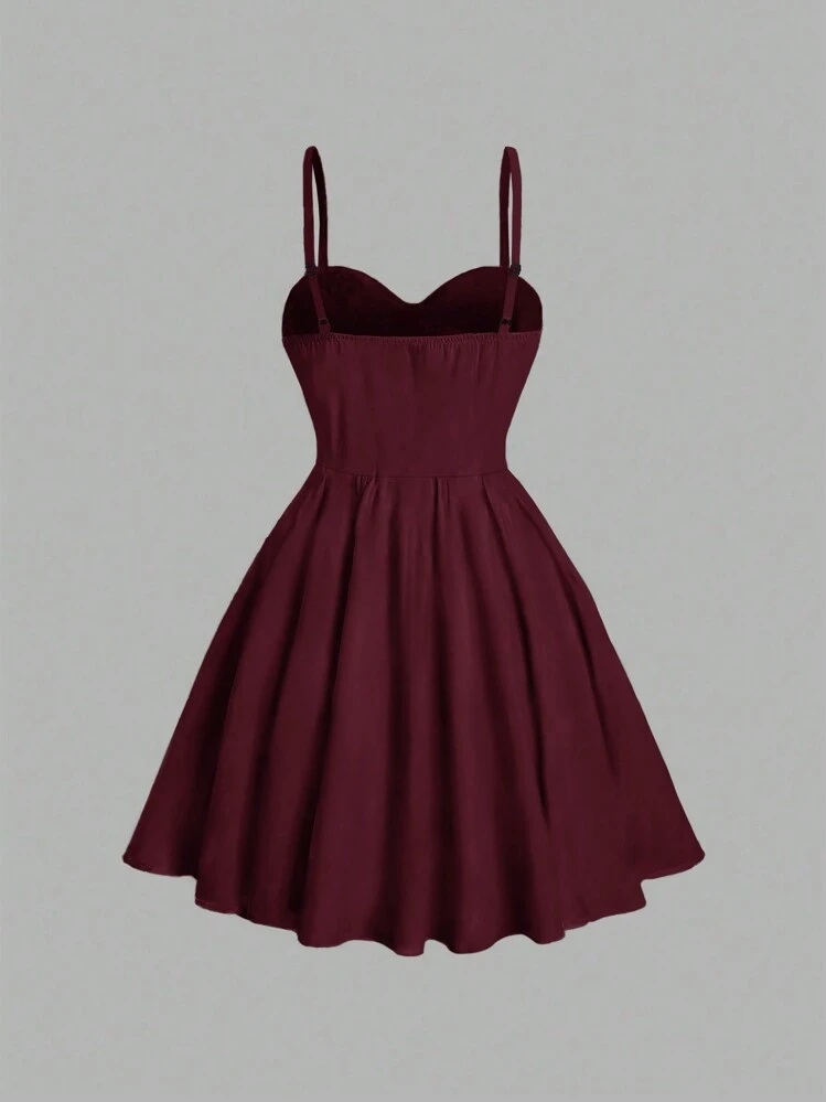 Sweetra Vestido Curto Elegante Canelado com Cor Sólida para Mulheres, Cor Bordô - Vinho - Visão 2