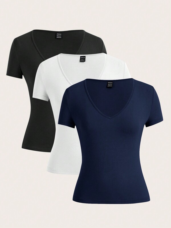 Poéselle Solid Color V-Neck T-Shirt Summer Tops Vacation Clothes
