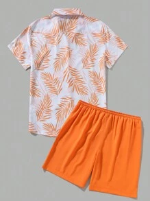 Manfinity RSRT Bộ áo sơ mi tay ngắn họa tiết hoa thường ngày cho kỳ nghỉ hè và quần short màu trơn dành cho nam, trang phục thoải mái - trái cam - Xem 2