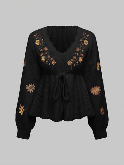 Plus Size Women's Floral Embroidered Bohemian Hippie Style Pullover Sweater
