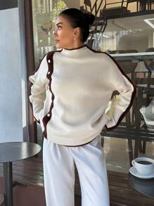 EURMUSE Women Hairy Stripe Button Detailed High Neck Drop Shoulder Pullover - Brown - View 2