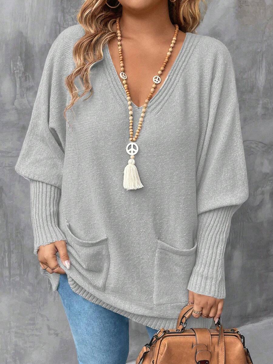 Plus Size Solid V-Neck Long Sleeve Pocket Casual Pullover Sweater, For Winter Knit Pullover Fall - Light Grey - View 1