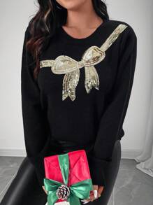 SHEIN LUNE Suéter casual de Navidad con cuello redondo, manga larga, lentejuelas doradas brillantes y decoración de lazo para mujer de talla grande en otoño/invierno - Negro - Ver 4
