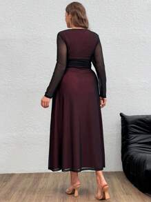 SHEIN Privé Plus Size Elegant Sexy Party, Date, Valentine's Red Mesh Overlay Black Red New Year Party Slip Dress - Black - View 2