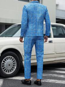 Manfinity Mode Men Plaid Lapel Neck Long Sleeve Jacket And Pants Business Suit Set For Autumn - Grey - View 5