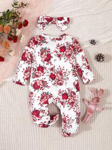 SHEIN 1件女婴白色可爱大红花印花连体睡衣 - 紅白色 - 查看 2