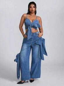 SHEIN EZwear 大码女式前打结短款性感吊带背心 - 藍色 - 查看 4