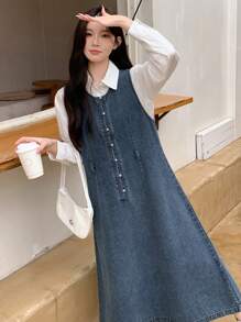 DAZY 女士牛仔背带连衣裙，无袖，秋季服装长款连衣裙 - 中等水洗藍 - 查看 8