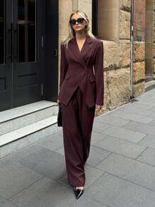 Aloruh 休闲通勤基本款夹克和裤子套装 - 酒紅色 - 查看 6