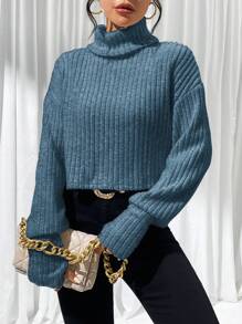 SHEIN Essnce Women's Solid Color Turtleneck Long Sleeve Simple Ribbed T-Shirt, Casual Everyday Wear