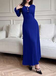 Feyla Vestido largo de mujer elegante de manga campana de un solo color - azul real - Ver 5