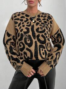 EURMUSE Women Round Neck Leopard Animal Print Drop Shoulder Loose Fit Sweater Pullover - Multicolor - View 3