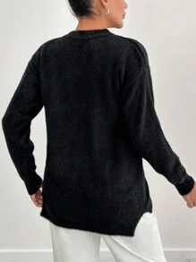 EURMUSE Women Hairy Yarn Solid Color Rhinestone Detailed Round Neck Pullover - Black - View 2