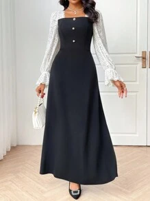 Modelyn 女士优雅撞色蕾丝喇叭袖圆领连衣裙长款晚礼服 - 黑與白 - 查看 5