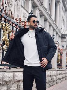 Manfinity Homme Plus Size Men's Solid Color Front Button Long Sleeve Casual Hooded Thick Padded Coat, Going Out Black Warm Winter Coat, For Friends, Husband, Boyfriend Gifts - Black - View 3