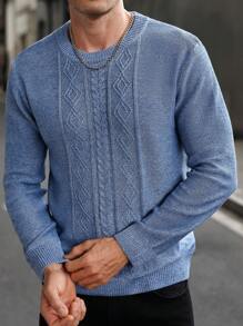 Manfinity Homme 男士圆领长袖简约针织毛衣，休闲日常穿着 - 藍色 - 查看 6