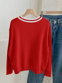 SHEIN Teengirl Oatmeal V-Neck Oversized Colorblock Casual Long Sleeve Sweater, Suitable For Back To School, Street, Work - Multicolor - View 2